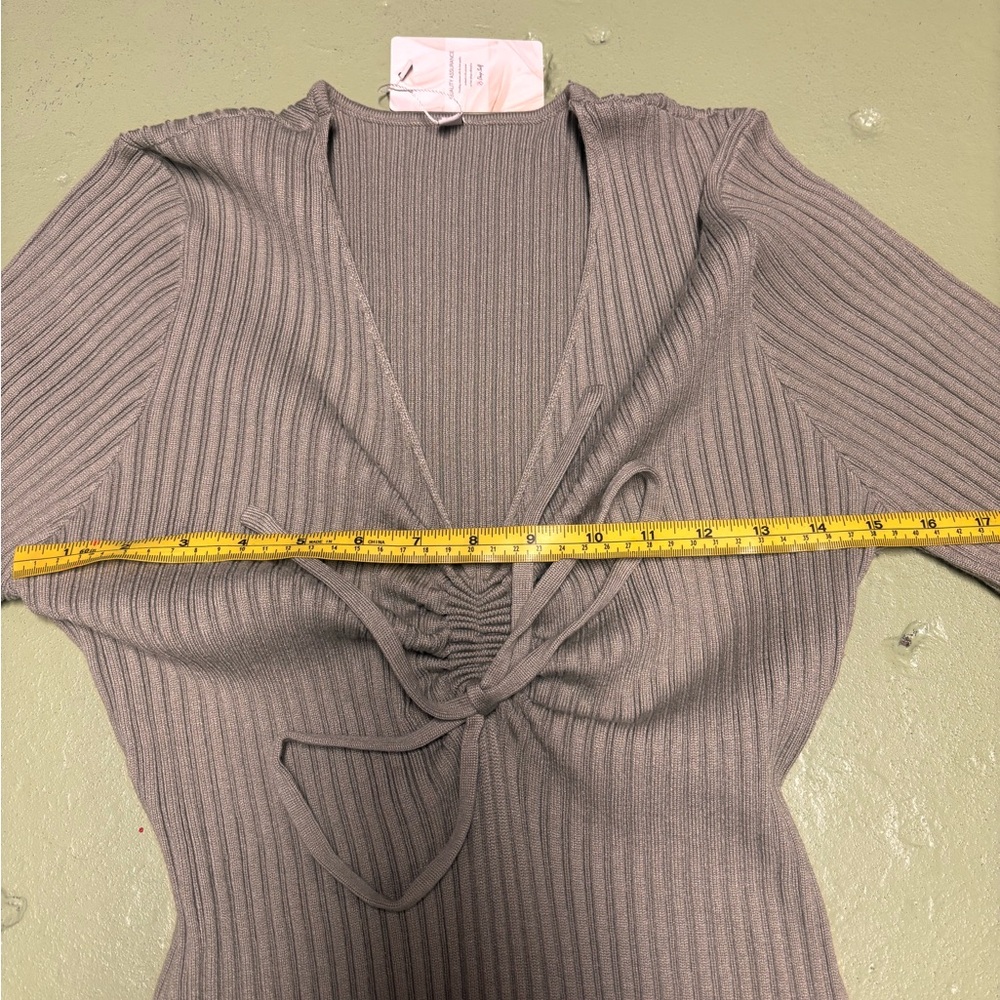Deep Self Olive Ribbed Ruched Tie Front Midi Sweater Dress - Picture 8 of 13